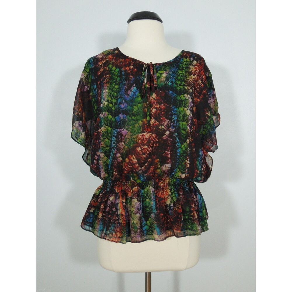 NOTATION Blouse L LARGE Womens Sheer Printed Dolman Sleeves